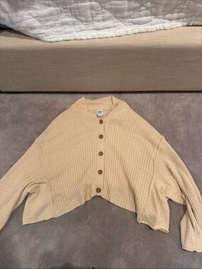 BDG Cropped Button-Up Ribbed Cardigan in Beige
